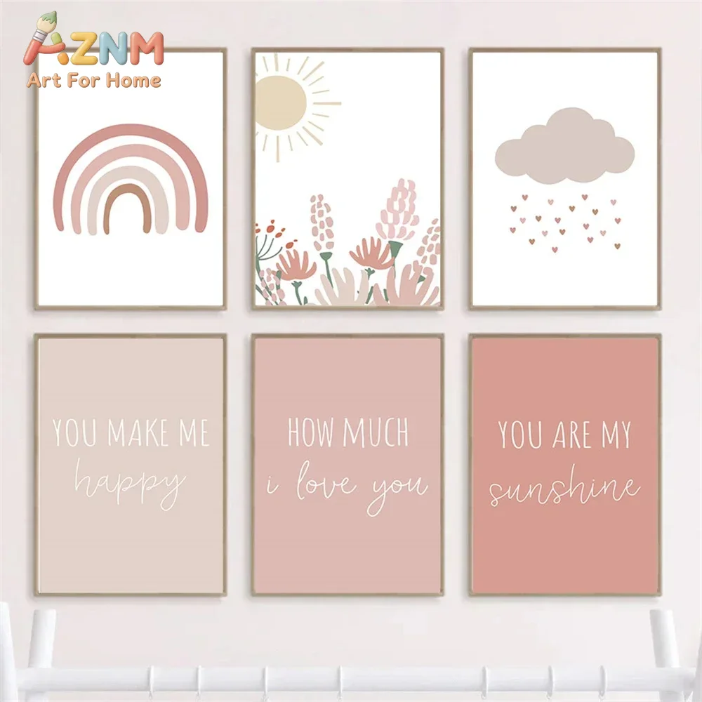 Baby Girl Nursery Quotes - AZNM ボヘミアン風 ピンクの虹と太陽の花、雲をモチーフにしたキャンバスアート。かわいらしいメッセージがプリントされたポスターで、赤ちゃんの部屋や子供部屋の装飾に最適。フレームなし。