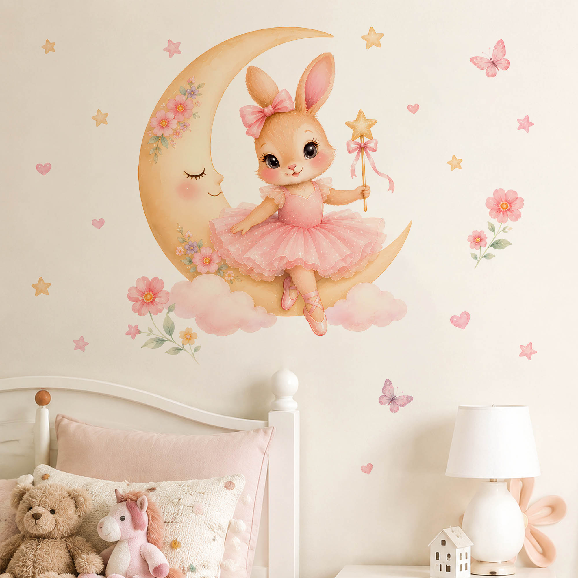 水彩画のバレリーナバニームーンウォールステッカー、ピンクのチ - Baby Girl Nursery Quotes のレビューと価格