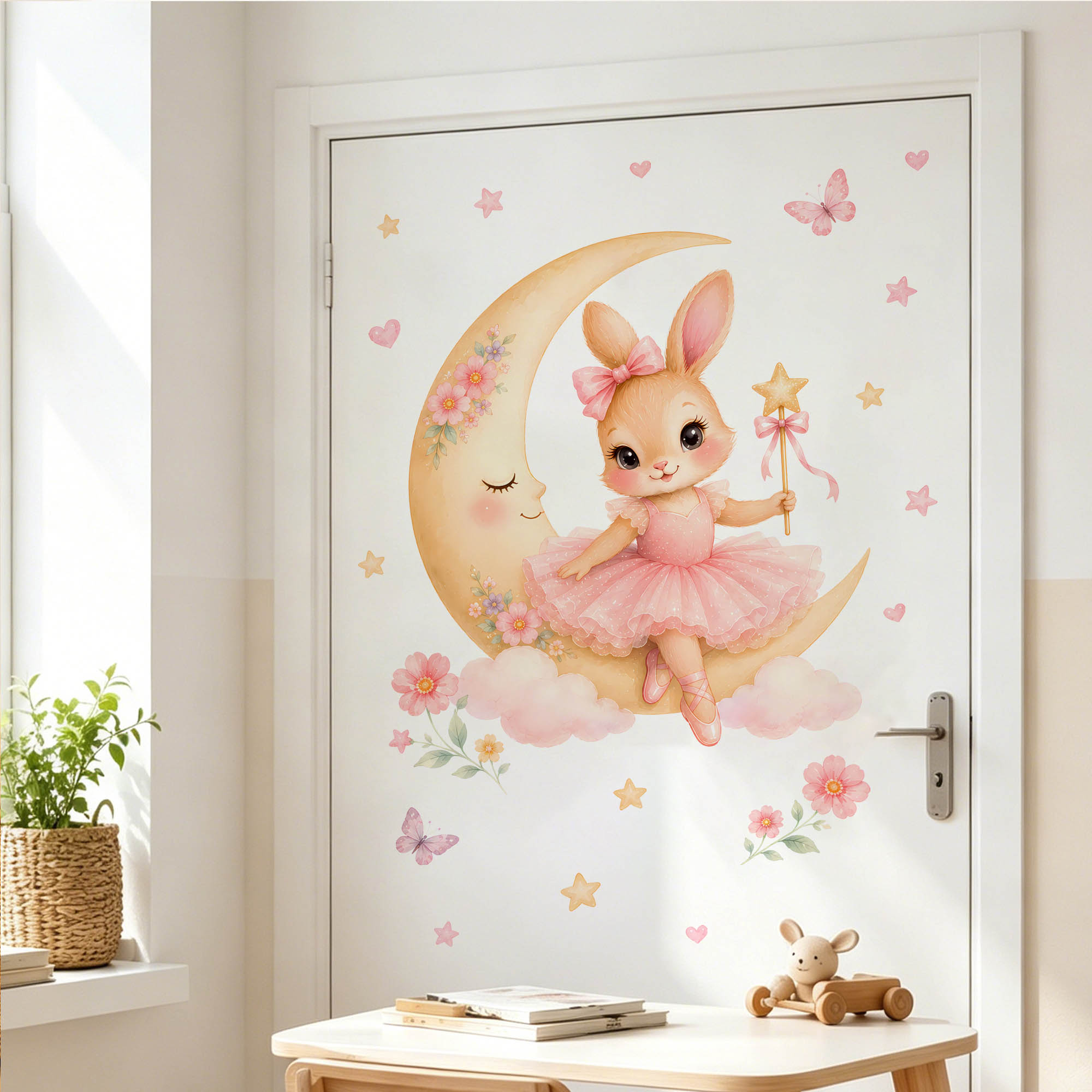 水彩画のバレリーナバニームーンウォールステッカー、ピンクのチ - Baby Girl Nursery Quotes のレビューと価格