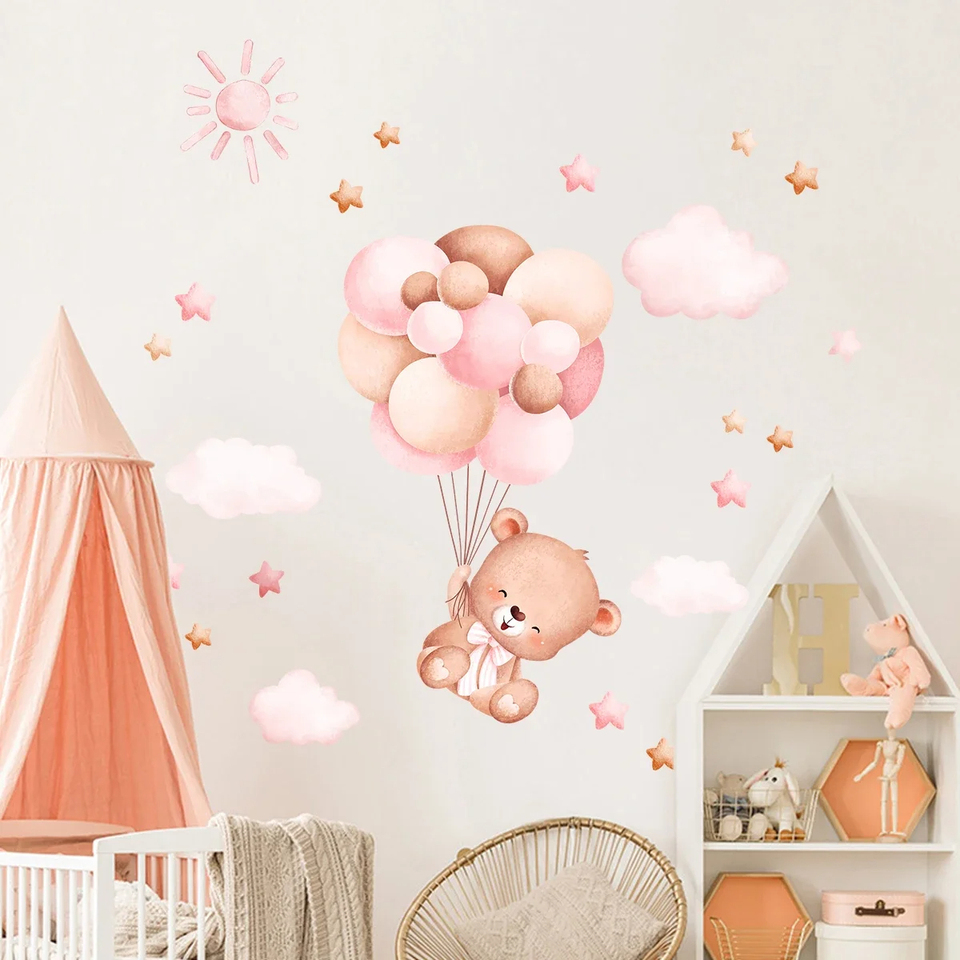 水彩画風の漫画風バルーンベアの壁ステッカー。子供部屋、ベビー - Baby Girl Nursery Quotes のレビューと価格