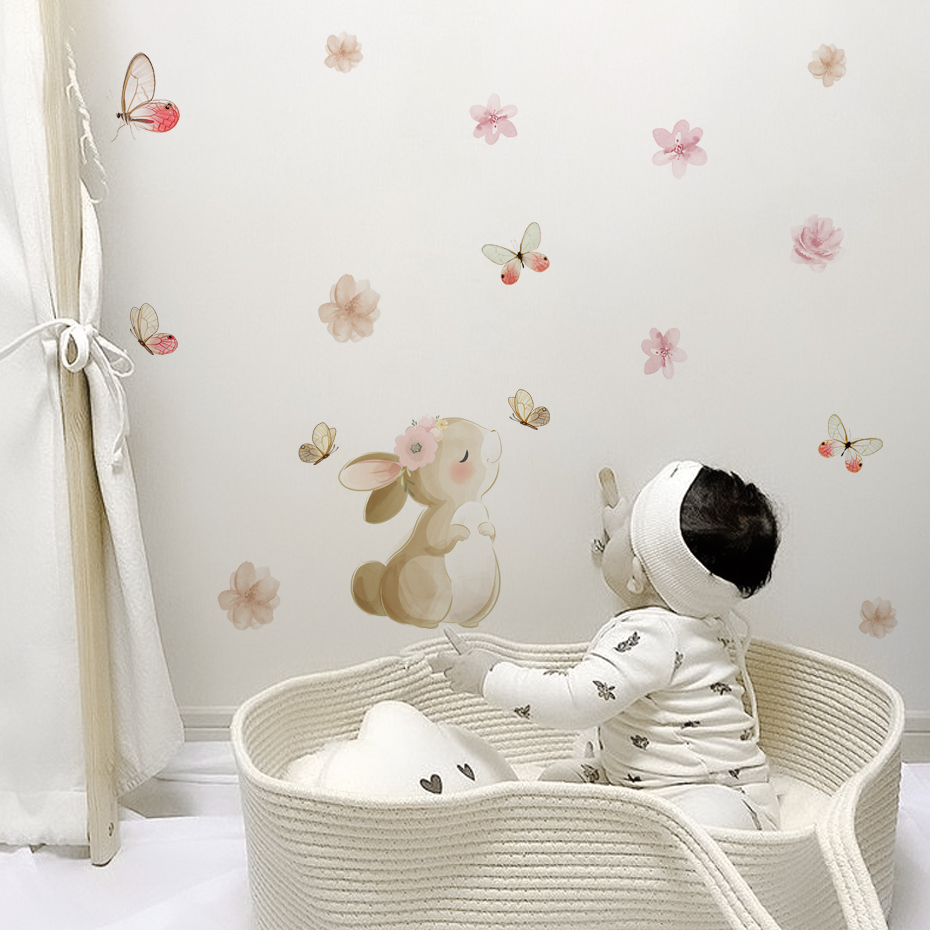 漫画ウサギの花蝶ウォールステッカー子供保育園女の子の部屋子供 - Baby Nursery Decor Girl のレビューと価格