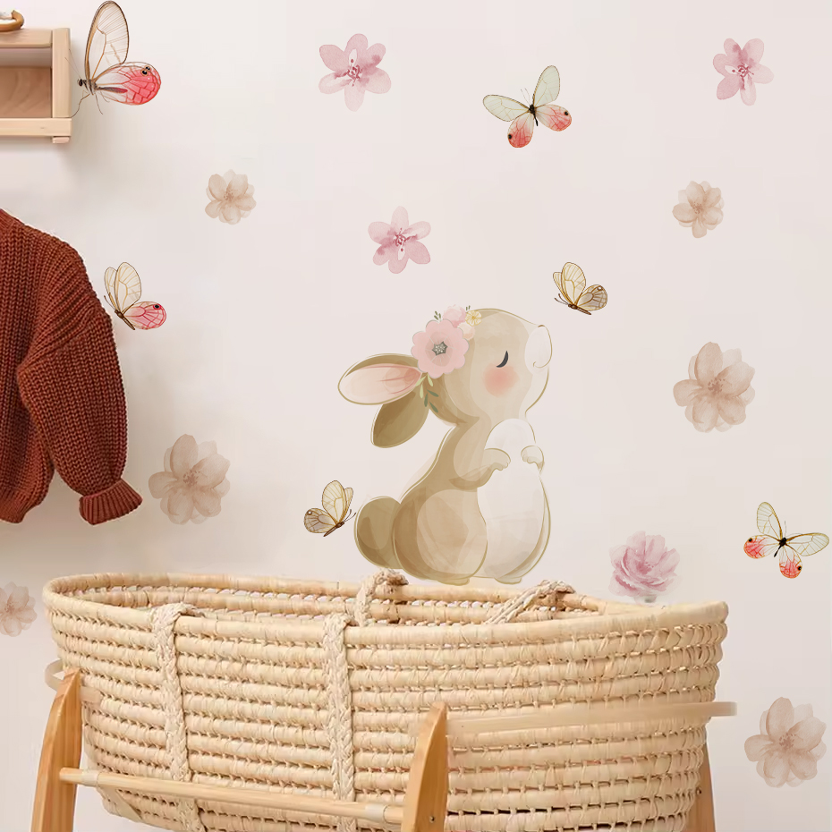漫画ウサギの花蝶ウォールステッカー子供保育園女の子の部屋子供 - Baby Nursery Decor Girl のレビューと価格