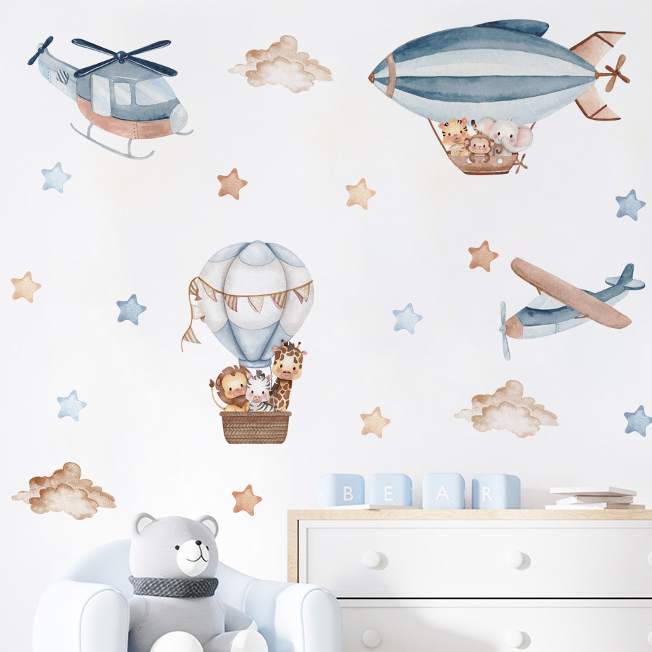 水彩動物熱気球雲ウォールステッカーキッズルームベビー保育園ル - Baby Nursery Boy のレビューと価格